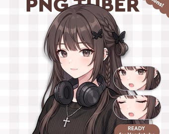 May include: A digital illustration of a PNG Tuber character named Cocoa. The character has brown hair styled with braids and butterfly hair clips, wearing a black sweater and headphones. The image includes the text "PNG Tuber" and "Ready for Veadotube."