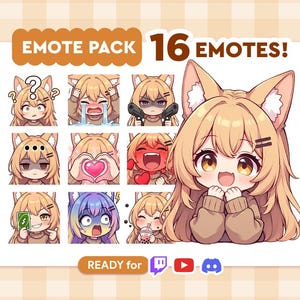Puede incluir: Un paquete de arte digital con 16 emotes con un lindo personaje de estilo anime con orejas de gato. Los emotes muestran varias expresiones, incluyendo confusión, tristeza y alegría. Las palabras "EMOTE PACK" y "16 EMOTES!" se muestran en la parte superior.