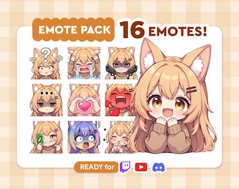 May include: A digital art pack featuring 16 emotes with a cute anime-style character with cat ears. The emotes display various expressions, including confusion, sadness, and joy. The words "EMOTE PACK" and "16 EMOTES!" are displayed at the top.