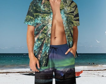 Men's Retro V-Neck Hawaiian Shirt and Shorts Set, Quick-Drying Polyester Beachwear