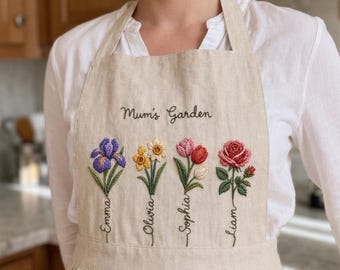 Personalized Birth Month Flower Apron, Mom's Garden Apron, Custom Name Apron for Mom, Birth Flower Kitchen Apron, Mother’s Day Gift