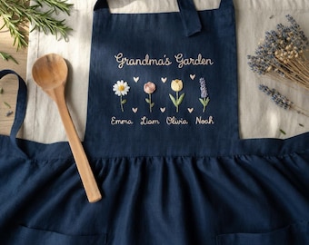 Personalized Grandma Apron, Grandma's Garden Embroidered Apron with Grandkids Names, Custom Mother's Day Gift for Grandma, Kitchen Apron
