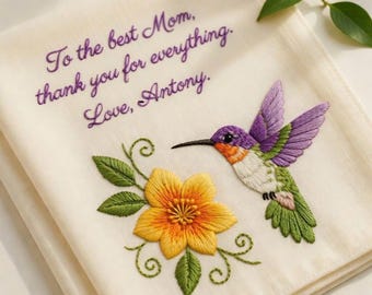 Personalized Embroidered Hummingbird Handkerchief, Custom Name Hand embroidered Hummingbird Gift, Mother Day Gifts, Keepsakes For Mom