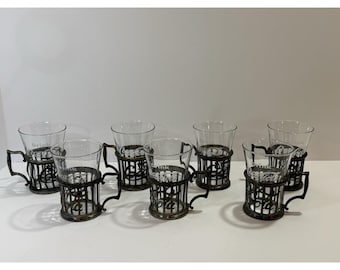 Vintage Coca-Cola Soda Fountain Etched Mini Glasses (7) With Pewter Holder 1973