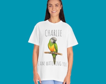 Camiseta personalizada com estampa de papagaio-do-senegal | Camiseta com ilustração personalizável de ave tropical