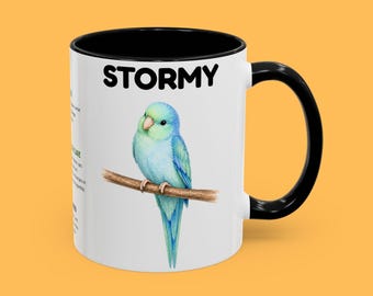 Caneca personalizada com ilustração de periquito | Caneca de cerâmica para café com nome personalizável