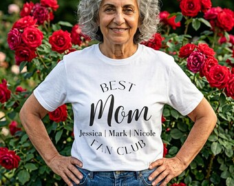 Camiseta personalizada do fã-clube da melhor mãe, camiseta com nomes personalizados para presente do Dia das Mães.