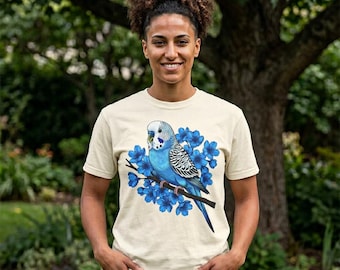 Camiseta com estampa de periquito azul em aquarela | Camiseta com design de pássaro