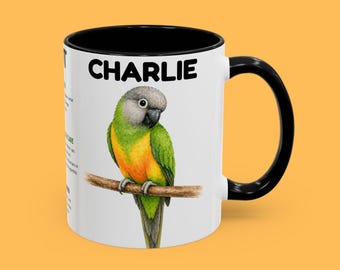 Caneca personalizada com ilustração de papagaio-do-senegal | Caneca de café de cerâmica com nome personalizado