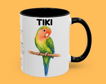 Caneca personalizada com ilustração de periquitos-do-amor | Caneca de cerâmica para café com nome personalizável