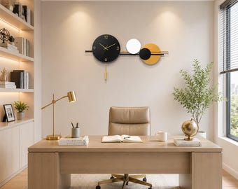 Modern Minimalist Metal Wall Clock Decor, Large Black Gold Geometric Wall Clock with Swinging Pendulum for Living Room Office Bedroom