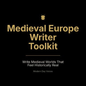Op de afbeelding: Zwarte achtergrond met gouden tekst "Medieval Europe Writer Toolkit". De tekst "Write Medieval Worlds That Feel Historically Real" staat eronder. Een kleine gouden robotafbeelding staat bovenaan.