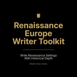 May include: Black background with gold text that reads "Renaissance Europe Writer Toolkit." Below, it says "Write Renaissance Settings With Historical Depth" and "Modern Day Voices."