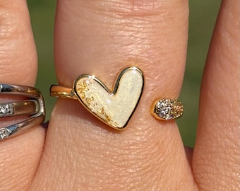 Gold Heart Ring, Adjustable Dainty Gold Ring, Pearl Resin Ring with Gold Flake, Christian Gift for Her, Faith Inspired Jewelry