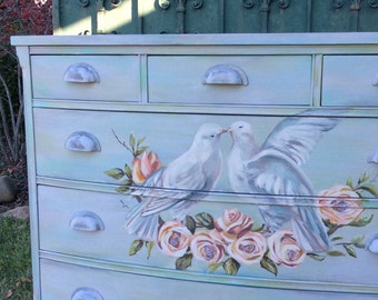 SOLD! French Country Handpainted Furniture Buffet, FrancaisDeMarche', Peace Doves & Vintage Roses Home and Garden Decor, Cottage Style Chest