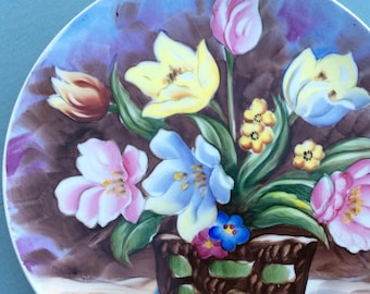 French Country Cottage Hand Painted Flowers in Basket on Decorative Plate FrancaisdeMarche' Home & Living Farmhouse Wall Decor, OOAK Art