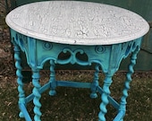 SOLD French Country Bleu Hand Painted Solid Wood Table Cottage Decor Painted Furniture FrancaisDeMarche, Vintage Patina French Garden House