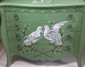 SOLD! French Country Hand Painted Chest with Crown Painting, Painted Furniture, French Decor, FrancaisdeMarche,Painted Peace Doves