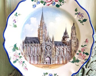 Vintage French Cottage Style Hand Painted Blue & White, Pink Rose Cathedral Platter, Wall Art French Home Decor