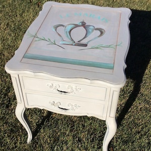 French Country Cottage Vintage Hand Painted Furniture, Crown Side Table, FrancaisdeMarche&#39;, French Typography, Home Decor, Grey Table