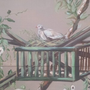 May include: A painting of a bird in a cage with a green background. The bird is white and has a long tail. The cage is made of wood and has a green paint finish. The painting is done in a realistic style.