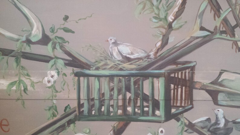 May include: A painting of a bird in a cage with a green background. The bird is white and has a long tail. The cage is made of wood and has a green paint finish. The painting is done in a realistic style.