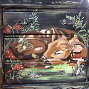 SOLD! French Country Botanical Hand Painted Secretary, Painted Furniture, FrancaisDeMarche&#39;, Farmhouse Decor Dresser, Woodland Deer