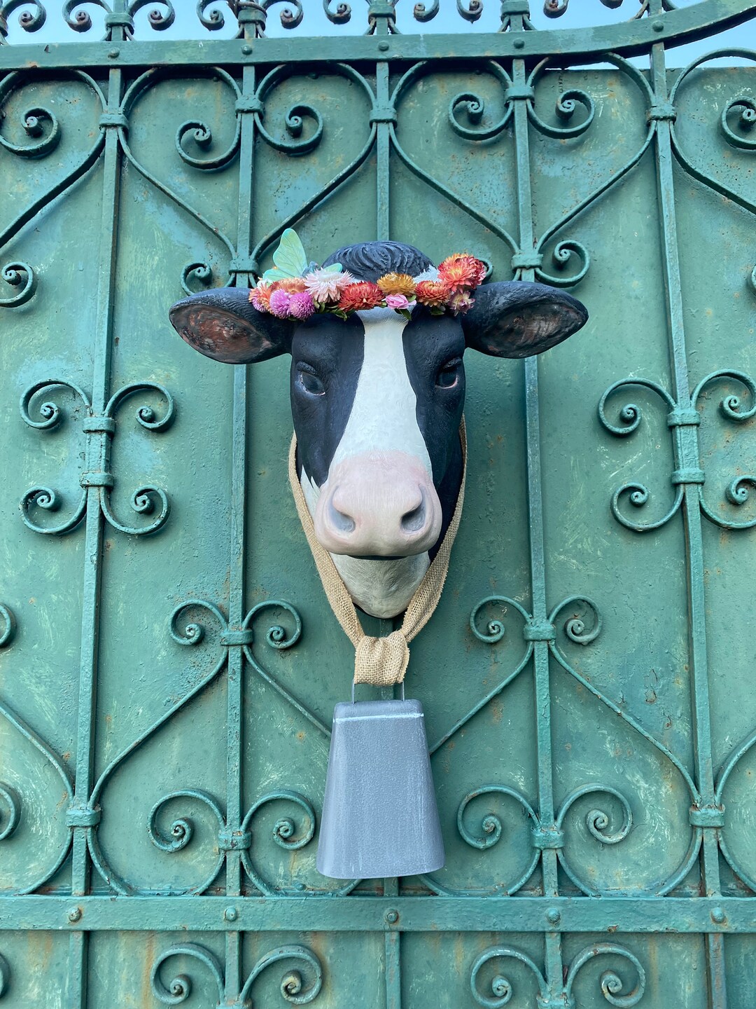 Cow Head Wall Mount With Bell, Farmhouse Home Decor, Faux Taxidermy