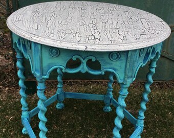 SOLD! French Country Bleu Hand Painted Solid Wood Table Cottage Decor Painted Furniture FrancaisDeMarche, Vintage Patina French Garden House