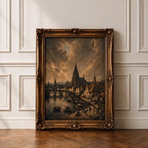 May include: A framed vintage landscape painting depicting a European city with a river, bridge, and cathedral. The artwork is in a gold ornate frame, leaning against a white wall with molding, and set on a wooden floor. The painting's color palette is dominated by warm, earthy tones.