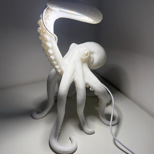 Peut inclure: Une lampe de table blanche en forme de pieuvre avec une finition mate lisse. La pieuvre possède plusieurs tentacules, dont l'un est courbé vers le haut pour soutenir une source lumineuse plate et ovale. Un fin cordon d'alimentation blanc sort de la base.
