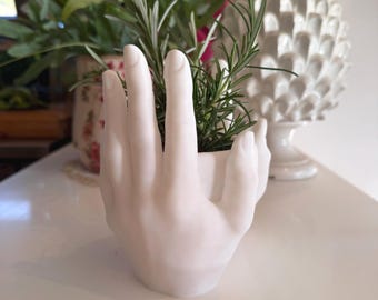 Maceta con forma de mano, cuenco escultural con dos manos, maceta moderna para suculentas.