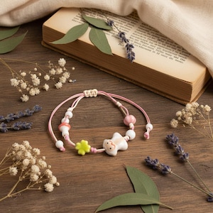 Handmade Ceramic Monkey Bracelet with Clover, Mushroom Accents – Adjustable Wax Cord Dainty Jewelry