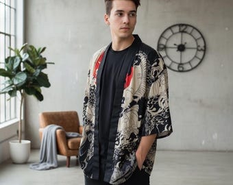 Japanese Wave Kimono Jacket | Men's Ukiyo-e Streetwear Cardigan | Casual Festival Outerwear