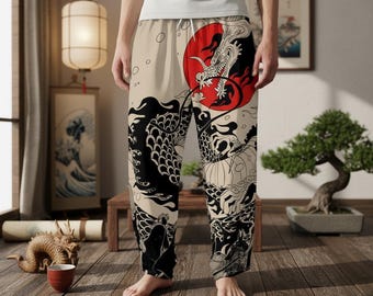 Pantalones con estampado de dragón japonés / Pantalones deportivos con estampado de sol rojo / Ropa urbana para hombre