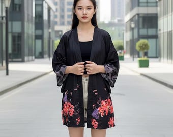 Kimono Red Spider Lily | Cardigã Floral Japonês Feminino | Jaqueta Haori Preta Leve