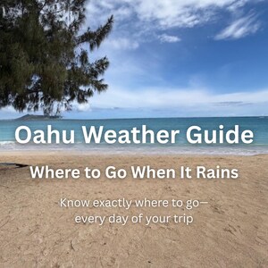 May include: A scenic beach scene with the text "Oahu Weather Guide" and "Where to Go When It Rains." The image shows a sandy beach, turquoise water, and a blue sky with clouds. The guide promises to help you know where to go every day of your trip.