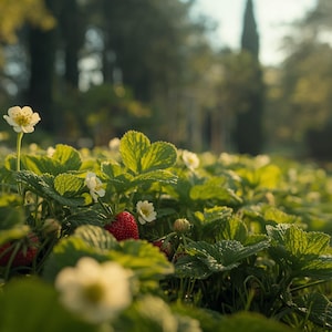 Op de afbeelding: Een aardbeienplant met levendig groene, getande bladeren, kleine witte bloemen met vijf bloemblaadjes en gele harten, en een enkele rijpe rode aardbei verscholen tussen het gebladerte in een zonnige tuin.