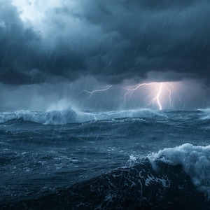 Könnte beinhalten: Dramatische Meereslandschaft mit stürmischem Himmel und Regen. Blitze erhellen die aufgewühlten Wellen und erzeugen eine kraftvolle Atmosphäre. Das Bild fängt die rohe Energie der Natur ein, mit stürmischer See.