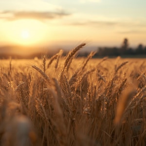 May include: A golden wheat field bathed in the warm light of a setting sun. The image captures the texture of the wheat stalks, with the sun's glow creating a soft, hazy atmosphere. The horizon features a silhouette of trees.