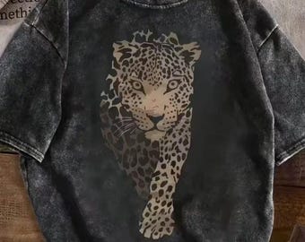 Leopard Graphic T-Shirt, Vintage Washed Animal Print, Retro Streetwear Top