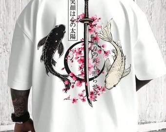 Men's Japanese Koi Fish Katana Cherry Blossom Graphic Tee Samurai Streetwear Shirt