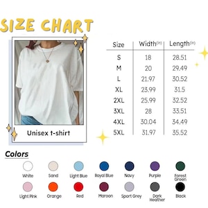 Pu&ograve; includere: Una tabella delle taglie per una t-shirt bianca che presenta una tabella con misure di larghezza e lunghezza in pollici per le taglie dalla S alla 5XL. Sotto la tabella, una tavolozza di colori mostra 14 campioni circolari con i nomi.