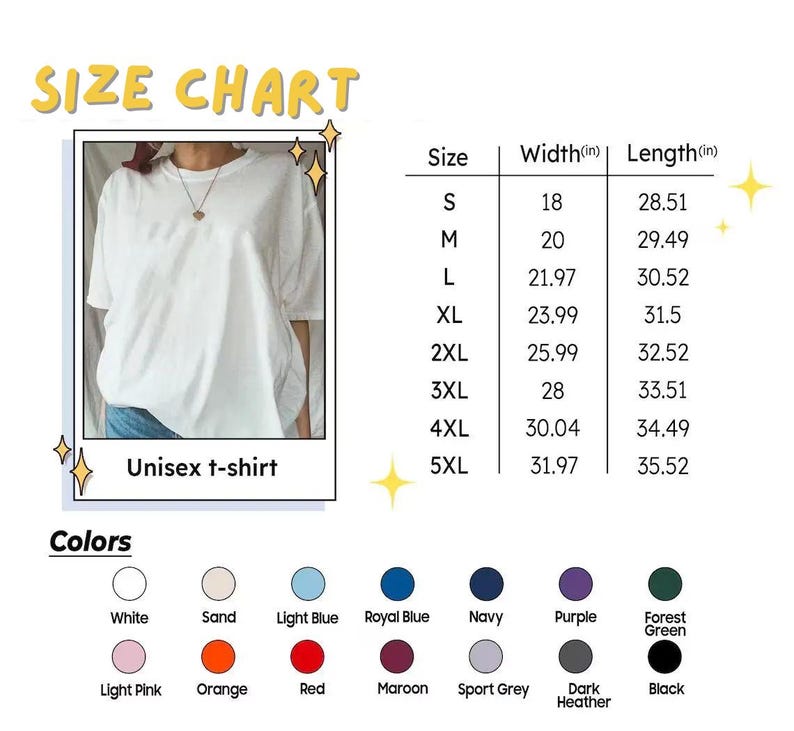 Pu&ograve; includere: Una tabella delle taglie per una t-shirt bianca che presenta una tabella con misure di larghezza e lunghezza in pollici per le taglie dalla S alla 5XL. Sotto la tabella, una tavolozza di colori mostra 14 campioni circolari con i nomi.