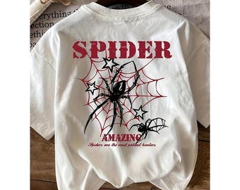 Spider Web Graphic T-Shirt, Gothic Insect Print Tee, Edgy Halloween Style Shirt