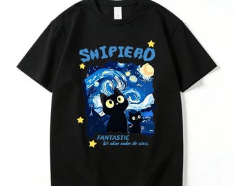 Black Cat Starry Night T-Shirt, Celestial Art Graphic Tee, Artistic Kitten Shirt