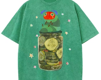 Sad Caterpillar Pickle Jar Shirt, Weirdcore Bug Graphic Tee, Vintage Washed T-Shirt