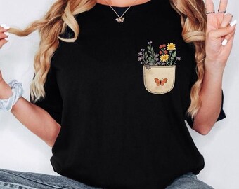 Wildflower Pocket Butterfly Floral Shirt, Cottagecore Nature Graphic Tee