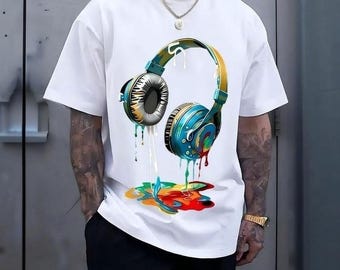 Abstract Headphones T-Shirt, Color Splash Graphic Tee, Unisex Streetwear Shirt