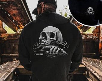 I'm Fine Skull Shirt, Drowning Skeleton Back Print Tee, Gothic Streetwear Unisex Top
